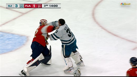 Alex Nedeljkovic, Sergei Bobrovsky engage in goalie fight during Sharks-Panthers. Read more: bit.ly/45mF6ml | NBC Sports Bay Area / California
