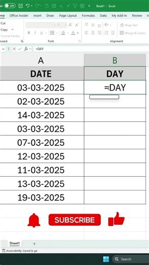 Excel Day Function #excel #excelformula #excelshorts #exceltutorial #excelformulas