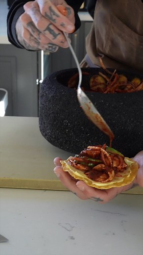 AguaChile Rojo I’m finally getting to use this beautiful molcajete from @masienda 🥲 Ingredients: 1/2 lb shrimp, cleaned- deveined. 2 guajillo chili 2 morita 4 Chile de arbol 3 cloves garlic 3/4 cup lime juice 1/2 of a red onion 2 Persian cucumbers 3 tbsp maggi seasoning- if you’re using jugo maggi just add it to taste since it’s slightly stronger Mayonnaise with lime juice Tostadas or chips Other optional add ons: avocado and cilantro Directions: Clean and devein your shrimp. Cut it in half len
