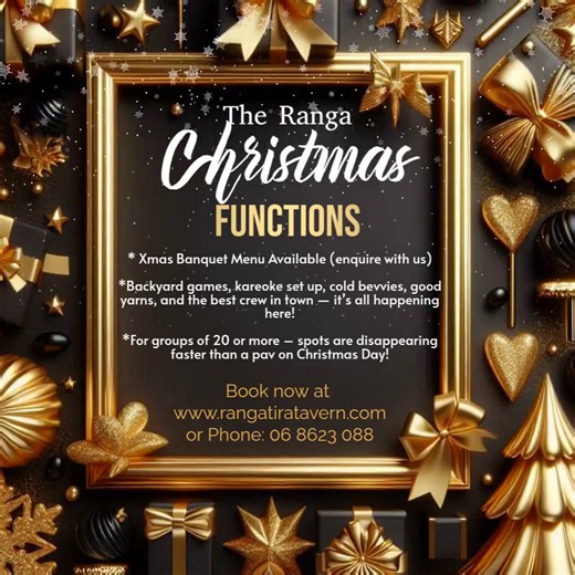 Ranga Xmas Functions – Let’s Get Festive, Whānau! It’s that time of year again when the boss reckons, they’re the next Ed Sheeran on the karaoke, some become quiet competitive at the office tug o war finals, and the rest of us are just here for the ham and pav. So, round up the crew, slap on a Santa hat, and book your work do at The Ranga before the good dates are gone! Festive Banquet Menu includes: Sou Vide Beef, Glazed ham and Cranberry glazed Chicken Spuds and summer veg and salad galore Pav