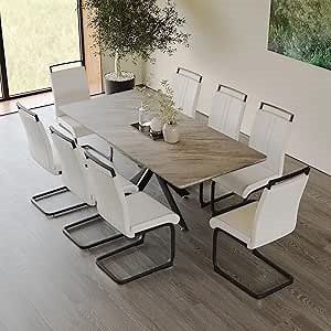 Modern Dining Table Set for 8, Expandable Kitchen Dining Table Set, Faux Marble Dining Room Table Set, 6-10 People Dining Table Set with Metal Leg Suitable for Living Room Dining Room Office