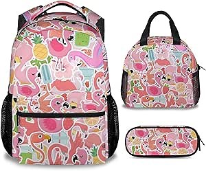 Flamingo Backpack with Lunch Box, Set of 3 School Backpacks Matching Combo for Girls Boys, Cute Pink Bookbag and Pencil Case Bundle