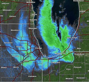 [10:13 PM CST Sunday 11/9/2025] Recent radar loop showing the intense lake effect snow band pushing westward towards the western shore of Lake Michigan. | US National Weather Service Chicago Illinois