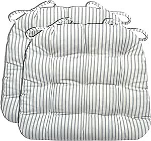 Barnett Home Decor Ticking Stripe Berlin Blue Dining Chair Pads with Ties - Pack of 2 Size 15 x 17 Chair Cushions - Latex Foam Fill - Machine Washable, 100% Cotton, Made in USA (Light Blue)