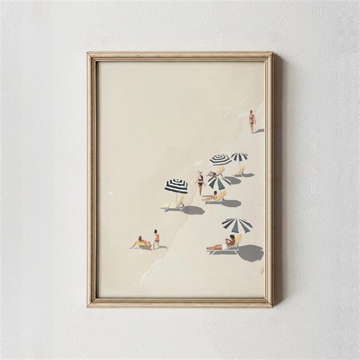 Beach Scene Wall Art, Vintage Beach Umbrellas Print, Coastal Summer Decor, Striped Umbrella Art, Beach Day Scene, Relaxing Beach Print - Etsy