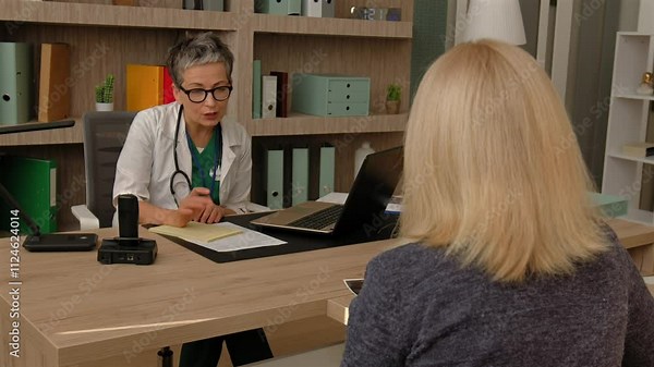 Caring positive mature female general practitioner in uniform sitting at desk, communicating with woman patient and writing prescription for treatment during consultation at medical office.