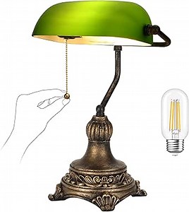 NISSAFORS Bankers Lamp with Pull Switch, Green Glass Desk Lamp with Retro Black/Gold Finish, Vintage Table Lamps for Living Room, Library, Piano(Green)