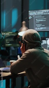Vertical video: Young programmer answering phone call in office, talking on smartphone and coding user interface. Having remote conversation on mobile phone line, using html script on terminal window.