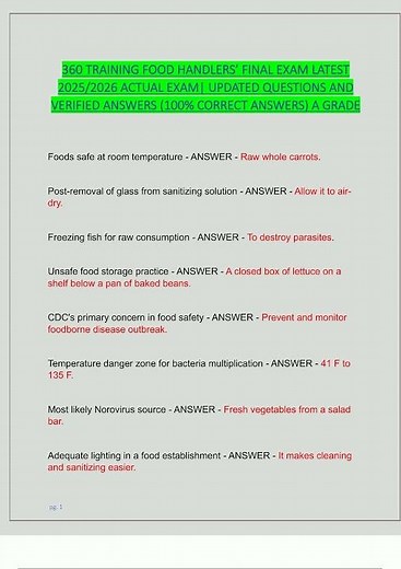 360 TRAINING FOOD HANDLERS FINAL EXAM LATEST 2025 ACTUAL EXAM COMPLETE REAL EXAM QUESTIONS AND VERIF