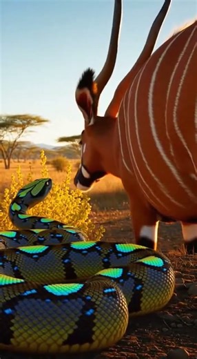 Rhinoceros Viper vs Bongo on the a vast, sun-baked savanna