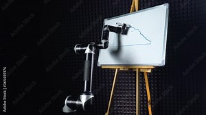 Robor draws financial infographics, a futuristic robot hand draws a marker on a blackboard, modern technology, timelapse.