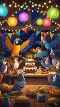 birds birthday party celebration night House inside singing dancing cake cutting