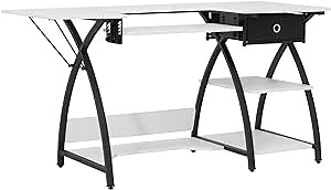 Sew Ready Comet Plus Craft Sewing Table 56.75″ × 23.5″ with Accurate Fabric Cutting Grid-Top & Storage Drawer, Black/White Grid