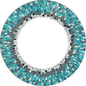 Wall Art Decor Handcrafted Decorative Mirror with Sky Blue and Teal Mosaic, 24" Frame, 14" Round Mirror for Hallway, Bedroom, Bathroom, Living Room