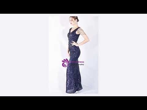 kemedress In Stock:Ship in 48 Hours Navy Blue V-neck Sequins Party Dress