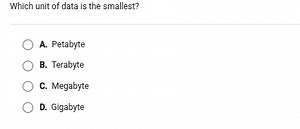 Which unit of data is the smallest?A. PetabyteB. TerabyteC. ... | Filo