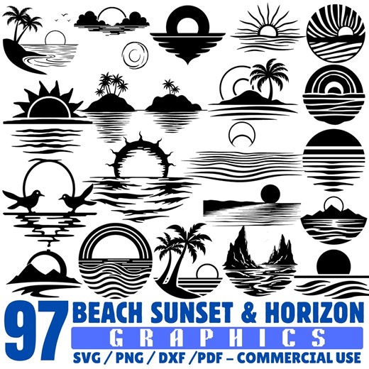 Beach Sunset & Horizon Graphics Svg Png Pdf Dxf Bundle Instant Downloads - Etsy