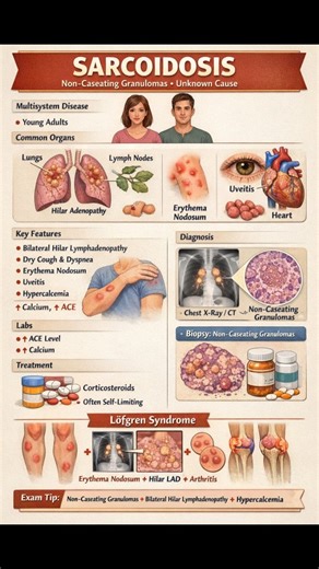 Brain & Beyond on Instagram: "Sarcoidosis ○ Type: Multisystem granulomatous disease ○ Granuloma: Non-caseating ○ Cause: Unknown (immune-mediated) ○ Common age: Young adults ● Common organs ○ Lungs (most common) ○ Lymph nodes ○ Skin ○ Eyes ○ Heart ● Key features ○ Bilateral hilar lymphadenopathy ○ Dry cough, dyspnea ○ Skin: erythema nodosum ○ Eye: uveitis ○ Hypercalcemia/hypercalciuria (↑ vitamin D from macrophages) ● Labs ○ ↑ ACE level ○ ↑ Calcium ● Diagnosis ○ Chest X-ray / CT ○ Biopsy: non-cas