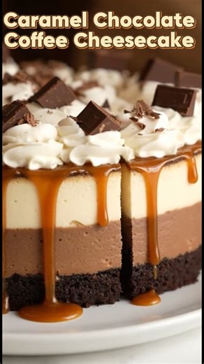 Caramel Chocolate Coffee Cheesecake 🍫☕ This caramel chocolate coffee cheesecake is rich, creamy, and bakery-level indulgent with bold coffee flavor, melty chocolate, and silky caramel dripping down every slice. This is the kind of dessert that stops the scroll save it for later or tag a coffee-loving friend who needs this in their life! 😍 Yield: 12 large servings Ingredients: 2 cups graham cracker crumbs (200g) 1/2 cup unsalted butter, melted (115g) 4 packages cream cheese, softened (32 oz / 9