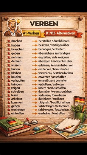 EinfachDeutsch01 on Instagram: "🚀🇩🇪 Upgrade Your German Vocabulary – Instantly! 🇩🇪🚀 Still using machen, haben, gehen all the time? 😅 It’s time to sound more natural, professional, and fluent with these powerful B1/B2 verb alternatives! This visual guide helps you replace basic A1 verbs with richer expressions like: ➡️ machen → durchführen ➡️ denken → nachdenken über ➡️ schreiben → verfassen ✨ Why this will boost your German fast: Speak like an advanced learner 🎓 Perfect for exams (Goethe