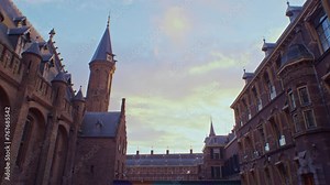 European dutch castle palace cathedral chapel in the Netherlands Holland in the Hague city town with traditional authentic architecture and cinematic scenery walkthrough from gateway