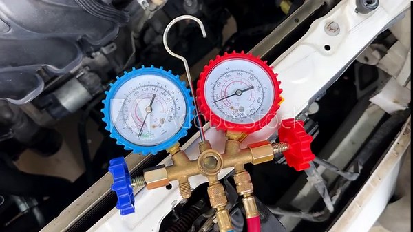Automotive AC Pressure Gauge in Use Checking Vehicle Cooling System