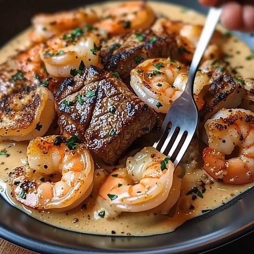 Creamy Steak & Shrimp Skillet 🥩🦐 Rich, savory surf-and-turf — the ultimate easy dinner idea. 📝 Ingredients: 1 lb steak (sirloin or ribeye), cut into cubes 1 lb large shrimp, peeled & deveined 3 tbsp unsalted butter 1 tbsp olive oil 4 garlic cloves, minced 1 cup heavy cream 1 cup beef broth 1 tsp paprika 1 tsp onion powder 1 tsp Italian seasoning 2 tbsp fresh parsley, chopped Salt & pepper to taste 🍴 How to prepare it: 1️⃣ Sear the steak: Brown steak cubes deeply for a flavor-packed sear and 