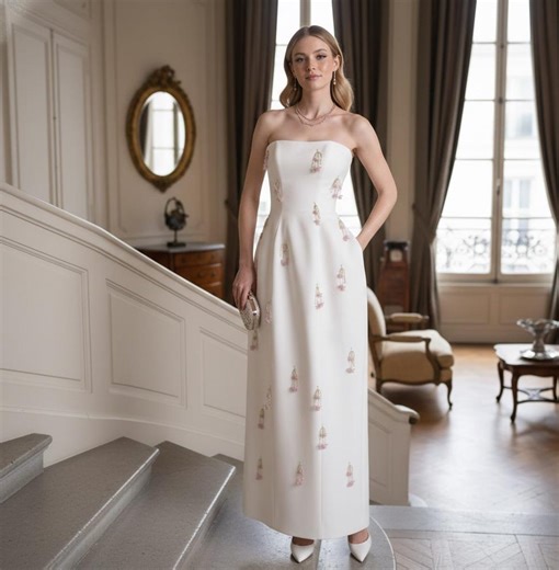 Strapless White Silk Evening Gown With Delicate Pink Floral Embroidery and Pockets - Etsy