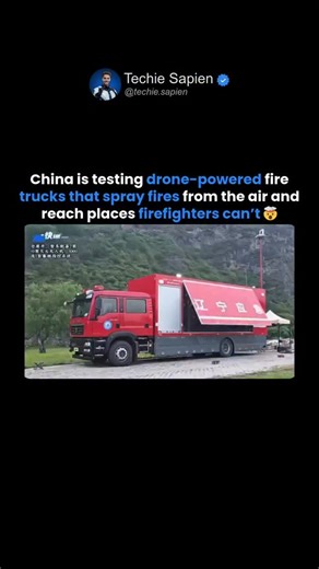 Techie Sapien - AI | Robotics | Next-gen Tech on Instagram: "China’s Drone-Powered Fire Trucks Are Fighting Fires From the Sky 🚒🚁🤯 China’s Drone-Powered Fire Trucks Are Fighting Fires From the Sky Using Aerial Drones, High-Pressure Water Systems, and AI-Assisted Targeting 🚒🚁🤯 China is testing next-generation fire trucks equipped with aerial firefighting drones, designed to battle blazes where human firefighters can’t safely reach. These advanced systems deploy drones directly from fire eng