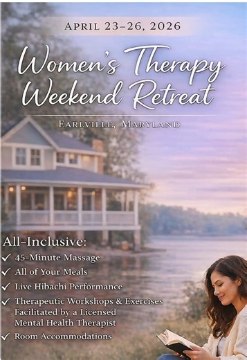 This isn’t a “self-care weekend.” This is a pause. A reset. A return to yourself. 📍 Earlville, Maryland 🗓 April 23–26, 2026 ✨ Women’s Therapy Weekend Retreat — All-Inclusive What’s included: • 45-minute massage • All meals live hibachi experience • Therapeutic workshops & group exercises • Room accommodations • Guided by a licensed mental health therapist Only three spots left. Bring your plus one, unplug from the noise, and step into a space that’s designed for women who are tired of holding 