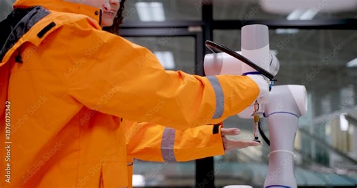 Technician in safety uniform adjusting robotic arm during automation workshop in smart factory with slowmotion movement for precise calibration in advanced manufacturing training scene