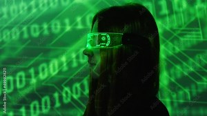 Female coder checking data and data code on the background