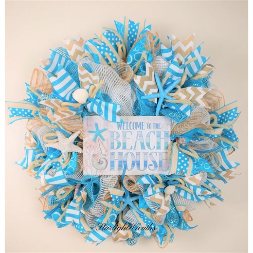 Welcome to the Beach House Mesh Wreath With Starfish: Beach Wreath for Your Front Door - Etsy