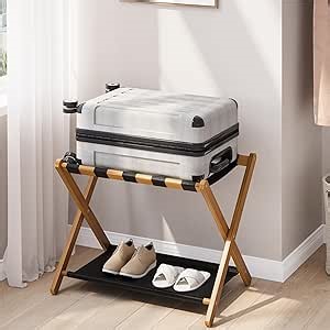 Luggage Rack, Folding Luggage Rack for Guest Room, Walnut Bamboo Suitcase Stand Holds up to 131 lb, Luggage Stand with Storage Shelf for Hotel, Bedroom (1 Pack)