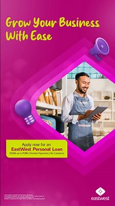 Fund your business expansion with an EastWest Personal Loan today up to P3M, on flexible terms of up to 60 months. *Loan is subject to the bank's final evaluation and approval. For inquiries and feedback, you may call EastWest's 24-Hour Customer Service at ( 632) 8888-1700 or email csloans@eastwestbanker.com. EastWest is regulated by the Bangko Sentral ng Pilipinas https://www.bsp.gov.ph. | EastWest Bank