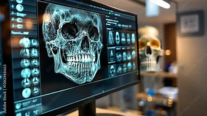 Detailed 3D skull analysis on monitor with anatomical model in a modern medical studio