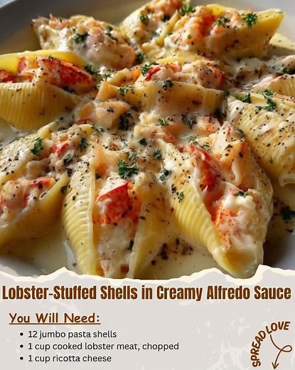 Lobster-Stuffed Shells in Creamy Alfredo Sauce Ingredients 12 jumbo pasta shells 1 cup cooked lobster meat, chopped 1 cup ricotta cheese 1/2 cup shredded mozzarella 1/4 cup grated parmesan 1 egg, lightly beaten 1 tbsp chopped parsley, plus extra for garnish Salt and cracked black pepper, to taste For the Alfredo Sauce: 2 tbsp butter 2 cloves garlic, minced 1 cup heavy cream 1 cup grated parmesan cheese Pinch of nutmeg (optional) Salt and pepper, to taste Instructions Boil the Shells: Cook jumbo 