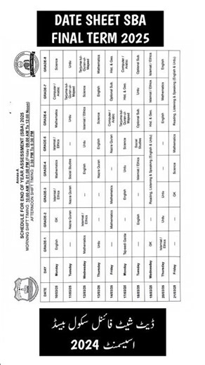 DATE SHEET SBA FINAL TERM 2025 | PEC Final Term EXAMS