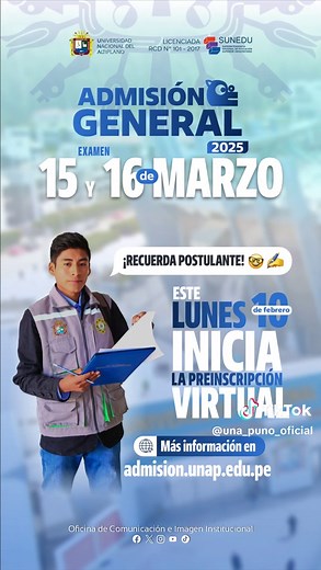 #ExamenGENERAL #ExamenUNAPUNO 📢 Admisión General 2025-I 📢 🎓 ¡Tu oportunidad de ingresar a la UNA Puno está aquí! 🎓 🔹 Preinscripción virtual: desde el 10 de febrero 🔹 Examen de admisión: 15 y 16 de marzo 🔹 Examen médico: disponible desde el 10 de febrero ✅ Todos los pagos deben hacerse a nombre y DNI del postulante. ✅ Si tienes problemas con la preinscripción, recibirás ayuda en la inscripción presencial. ✅ Asegúrate de cumplir con todos los requisitos para evitar contratiempos. 📍 Más inf