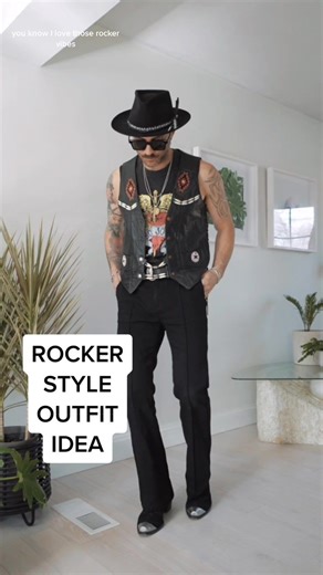 Rocker Style Outfit Idea with Black Flare Pants and Fedora Hat