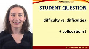 ⭐ 1000 Collocations in 10 Minutes a Day: https://www.espressoenglish.net/1000-english-collocations-in-10-minutes-a-day/ 🗨️ FREE 500 Phrases E-Book: https://www.espressoenglish.net/500phrases/ ✔️ Read the lesson text: https://www.espressoenglish.net/difficulty-or-difficulties-collocations/ When do we use difficulty (singular) vs. difficulties (plural)? I’m going to explain this and also teach you a number of collocations, typical combinations of words, to expand your vocabulary when it comes to 