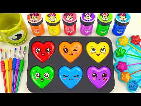 Satisfying Color Tray 🌈 Making 6 Heart Slime Colors Rainbow Beads Candy DIY Mickey Paint DIY