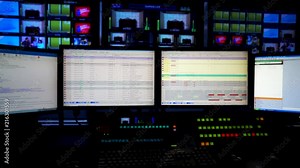 inside large network television pres suite, presentation control room, master control suite.