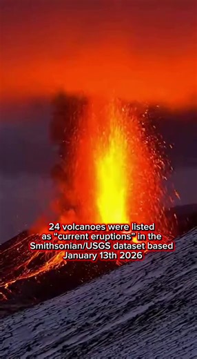 24 volcanoes were listed as “current eruptions” in the Smithsonian/USGS dataset based on the Weekly Volcanic Activity Report for the week ending January 7, 2026 (this is the closest official global “as-of” snapshot available around January 13, 2026). There are others not Reported such as ocean floor mud volcanos. Global Volcanic Activity Update — January 13, 2026 According to the Smithsonian Institution Global Volcanism Program, in coordination with the United States Geological Survey, 24 volcan