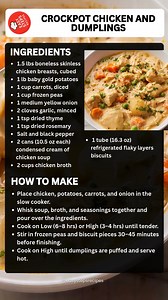 Crockpot Chicken and Dumplings 🍲🍗🥕 Ingredients For the stew: 1.5 lbs boneless skinless chicken breasts, cubed 1 lb baby gold potatoes, quartered 1 cup carrots, diced 1 cup frozen peas 1 medium yellow onion, diced 2 cloves garlic, minced 1 tsp dried thyme 1 tsp dried rosemary Salt and black pepper to taste For the creamy base: 2 cans (10.5 oz each) condensed cream of chicken soup 2 cups chicken broth For the dumplings: 1 tube (16.3 oz) refrigerated flaky layers biscuits (like Pillsbury Grands)