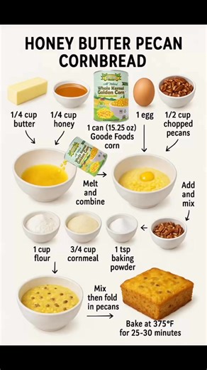 Golden, sweet, and nutty — this Honey Butter Pecan #cornbread made with Goode Foods Whole Kernel Corn is comfort baked into every bite. 🌽✨ Soft, moist, and topped with crunchy pecans, it’s the perfect mix of cozy and indulgent. Serve it warm with extra honey butter for a taste that feels like home. 🍯🥧 | Goode Foods