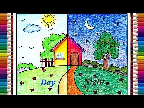 Day and Night Scenery drawing easy | Day and Night painting step by step | Easy Drawing for beginner