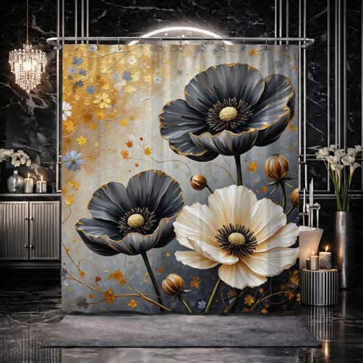 Shower Curtain Spring Textured Poppy Floral Black Ivory Gold Art Deco Decor - Etsy