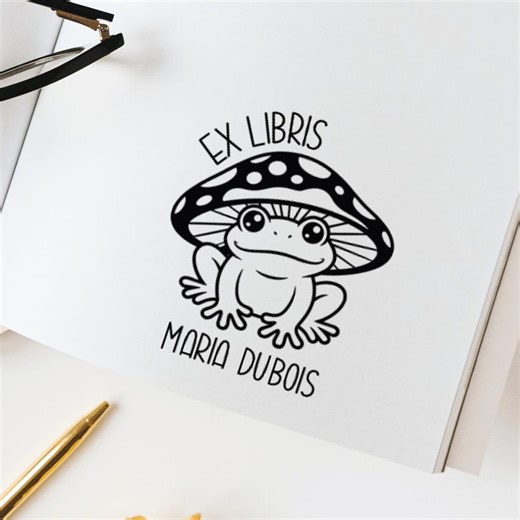 Frog Book Stamp Frog, Ex Libris Frog, Frog Library Bookplate, Mushroom Book Stamp, From the Library of Stamp, Custom Library Stamp - Etsy