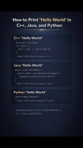 Hello World in 3 Popular Programming Languages Starting your coding journey? This short video shows how to print “Hello World” using C , Java, and Python — the most common first step in programming. 💻 What you’ll learn: 🔹 Basic syntax in C 🔹 Entry point structure in Java 🔹 Simple output in Python 🔹 How different languages handle the same task Perfect for beginners, students, and anyone exploring multiple programming languages. 📌 Simple. Clear. Beginner-friendly. C hello world, Java hello w